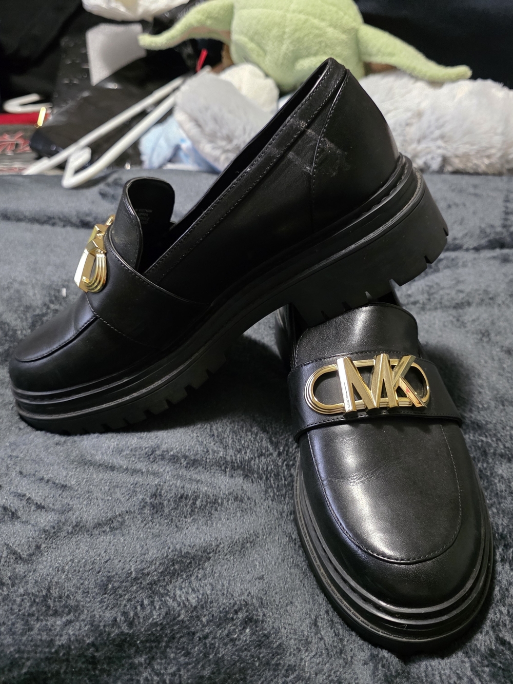 Michael Kors Black Leather Chunky Loafers with Gold MK Emblem